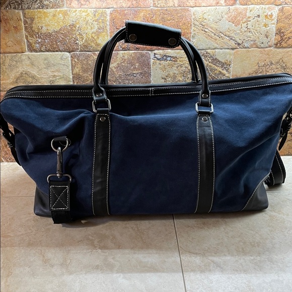 F.H. Wadsworth NYC Navy Blue Suede Leather Weekender Duffel Travel Bag Men’s - Picture 4 of 16